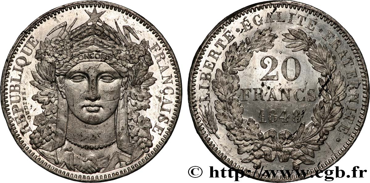 Concours de 20 francs, essai d Oudiné 1848 Paris VG.3035  var VZ+ 