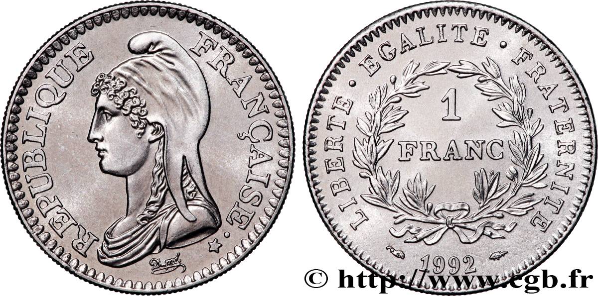 1 franc République 1992  F.229/2 AU+ 