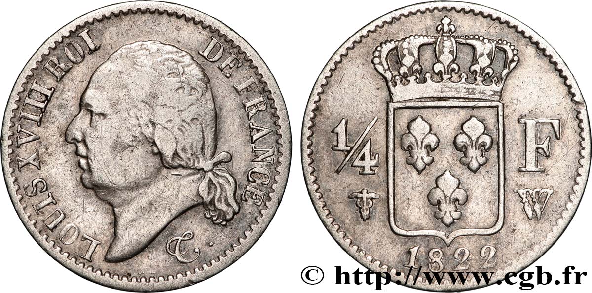 1/4 franc Louis XVIII 1822 Lille F.163/23 S 