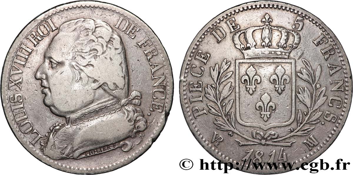 5 francs Louis XVIII, buste habillé 1814 Marseille F.308/10 MB 