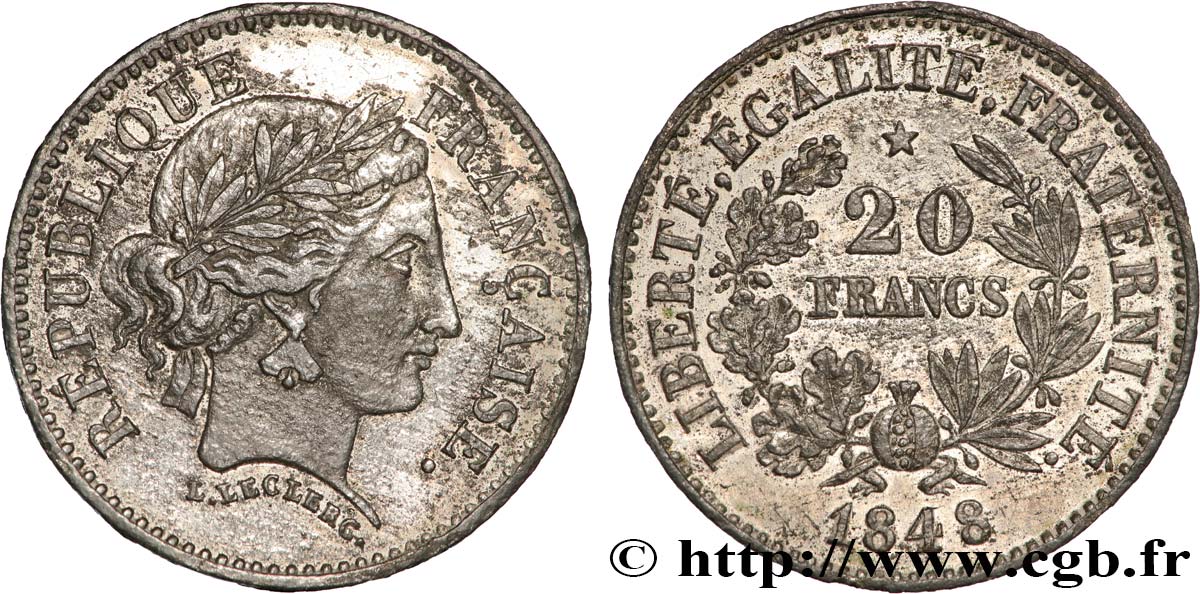 Concours de 20 francs, essai de Leclerc, deuxième concours 1848 Paris VG.3027 var XF 