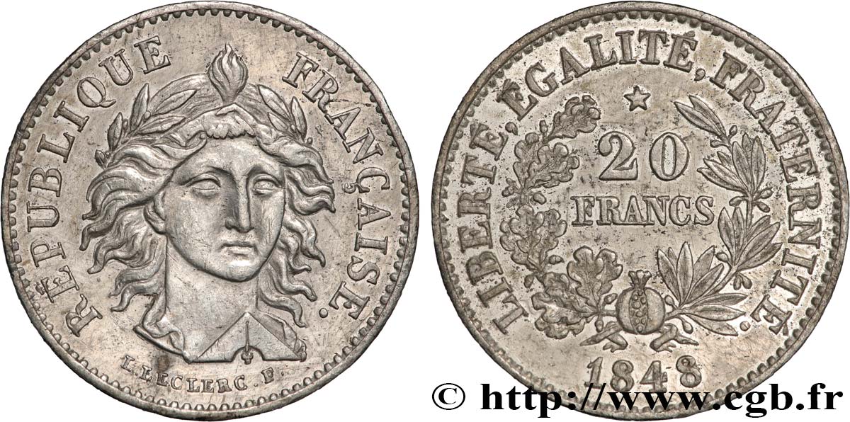 Concours de 20 francs, essai de Leclerc, premier concours 1848 Paris VG.3026 var TTB+ 