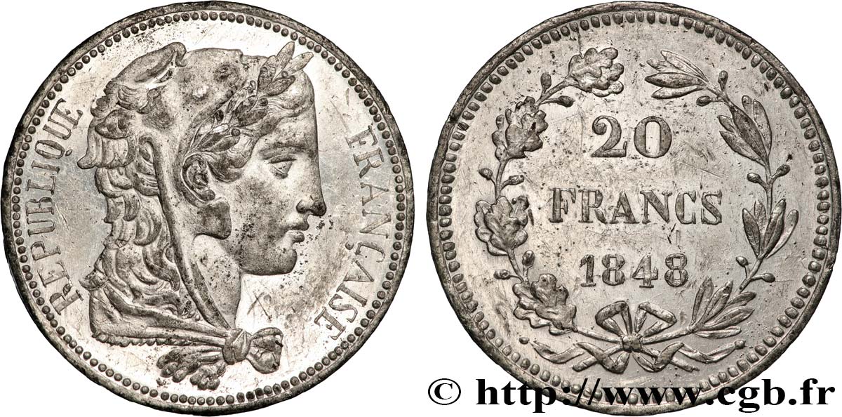 Concours de 20 francs, essai de Gayrard, premier concours 1848 Paris VG.3025 var TTB+ 