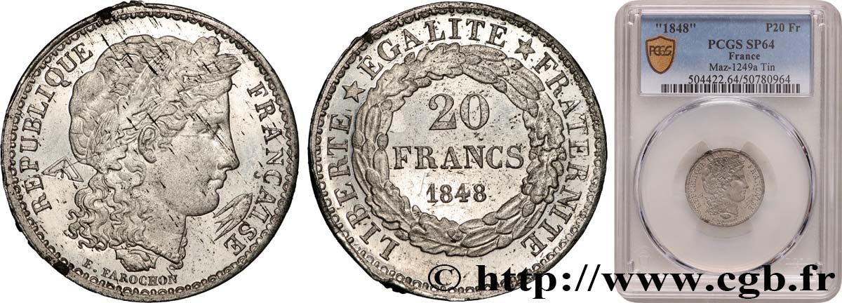 Concours de 20 francs, essai de Farochon 1848 Paris VG.3024 var SC64 PCGS