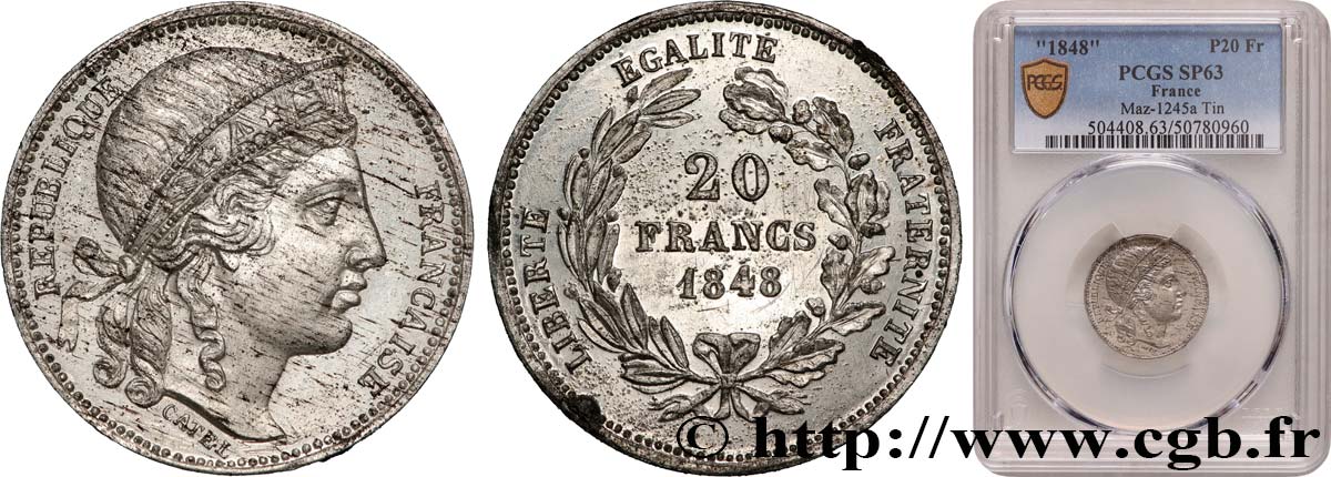 Concours de 20 francs, essai de Catel 1848 Paris Maz.1245 a SPL63 PCGS