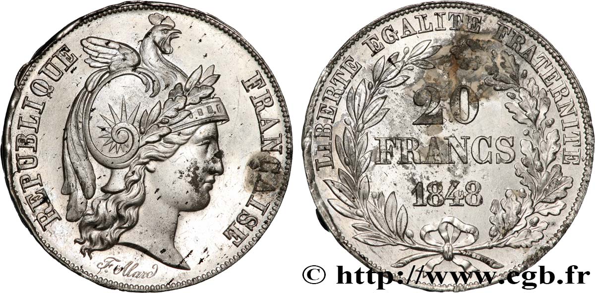 Concours de 20 francs, essai d’Alard 1848 Paris VG.3014 var. MS 