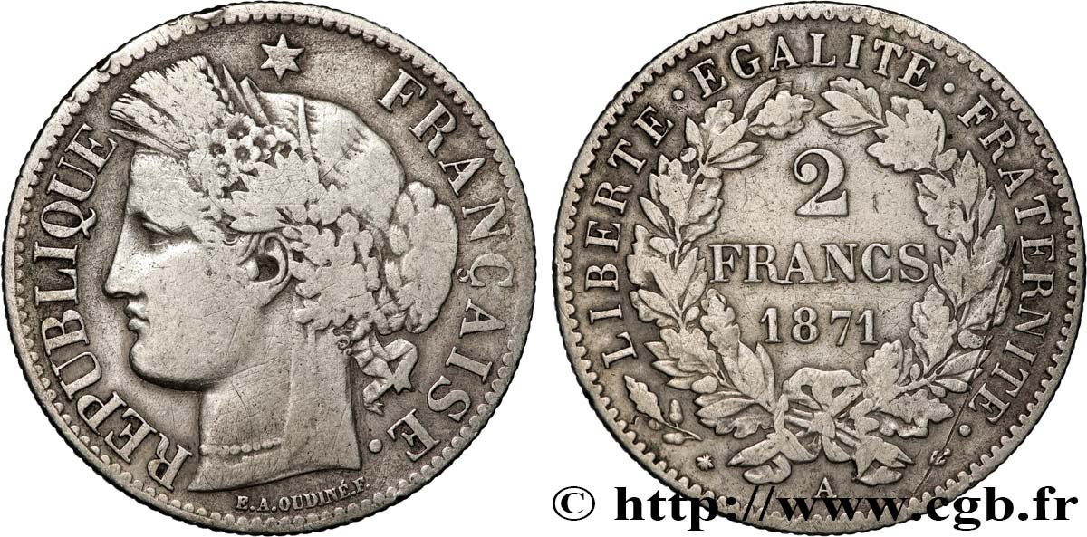 2 francs Cérès, avec légende 1871 Paris F.265/3 S 