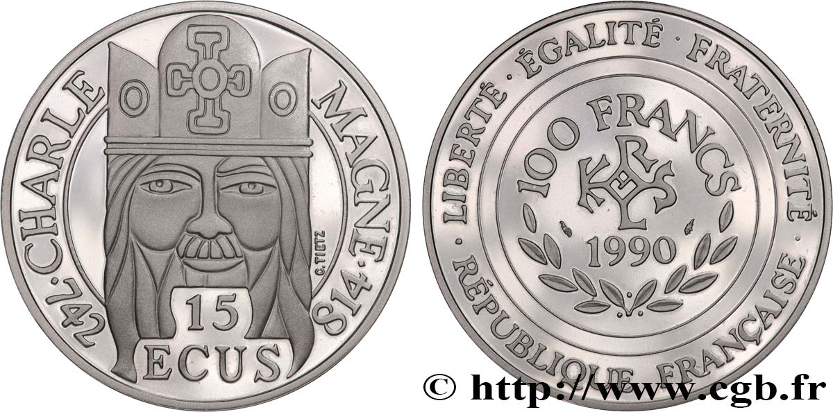 Belle Epreuve 15 écus / 100 francs Charlemagne 1990 Paris F5.2000 1 MS 