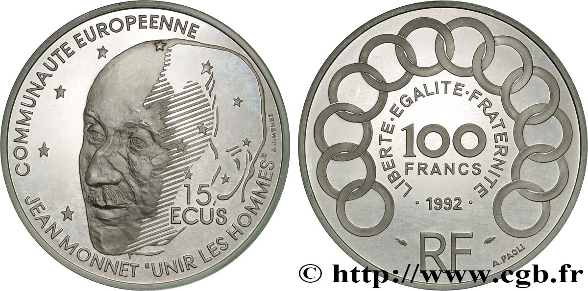 Belle Épreuve 15 écus / 100 francs Jean Monnet 1992 Paris F5.2002 1 SPL 