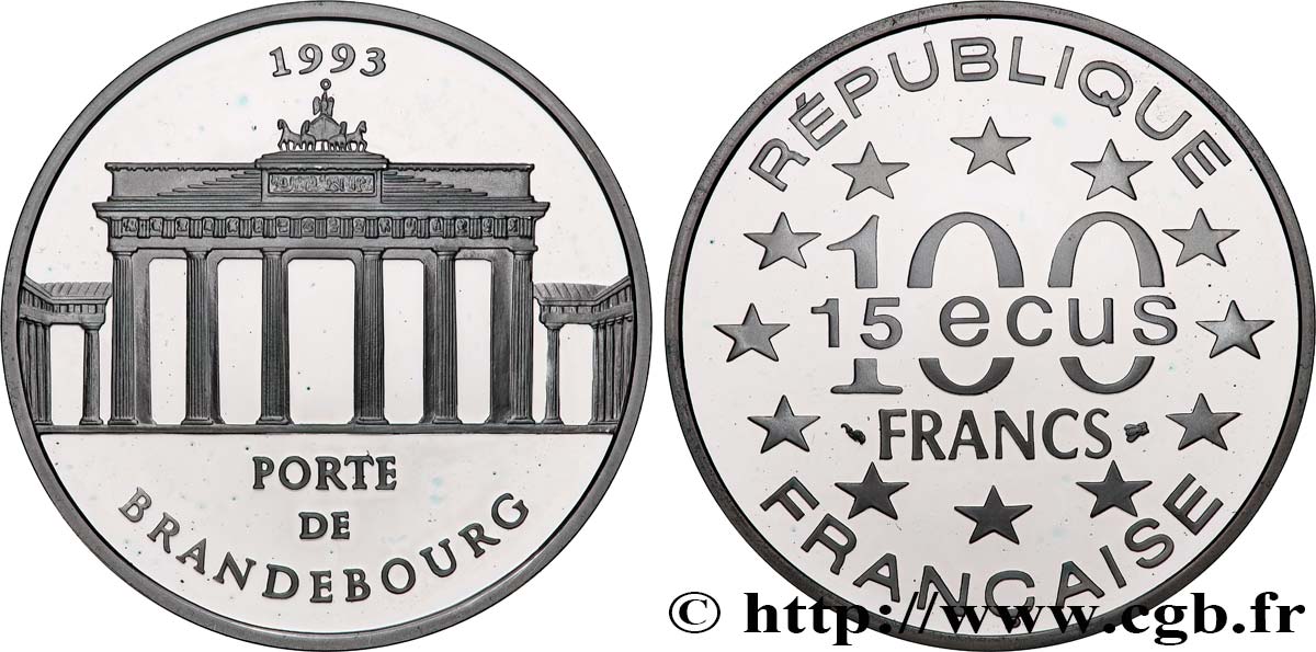 Belle Epreuve 15 écus / 100 francs - Porte de Brandebourg (Berlin), Différent Abeille 1993  F5.2006 2 MS 