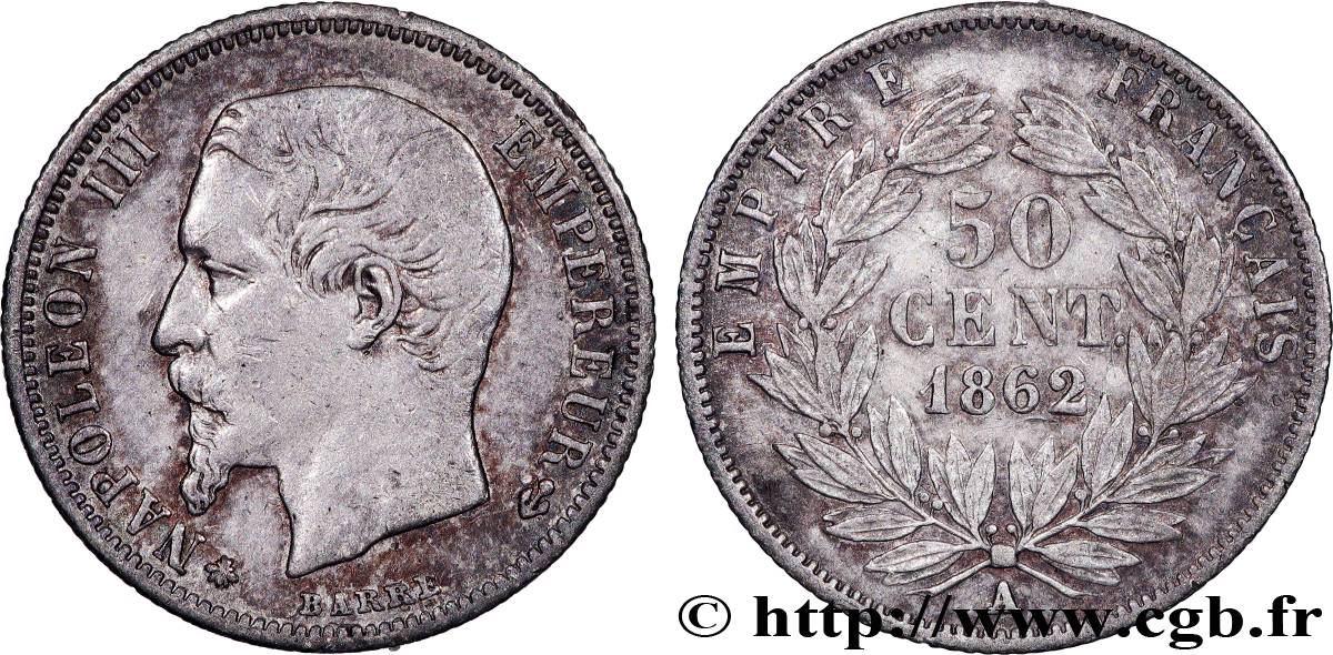 50 centimes Napoléon III, tête nue 1862 Paris F.187/16 TTB 