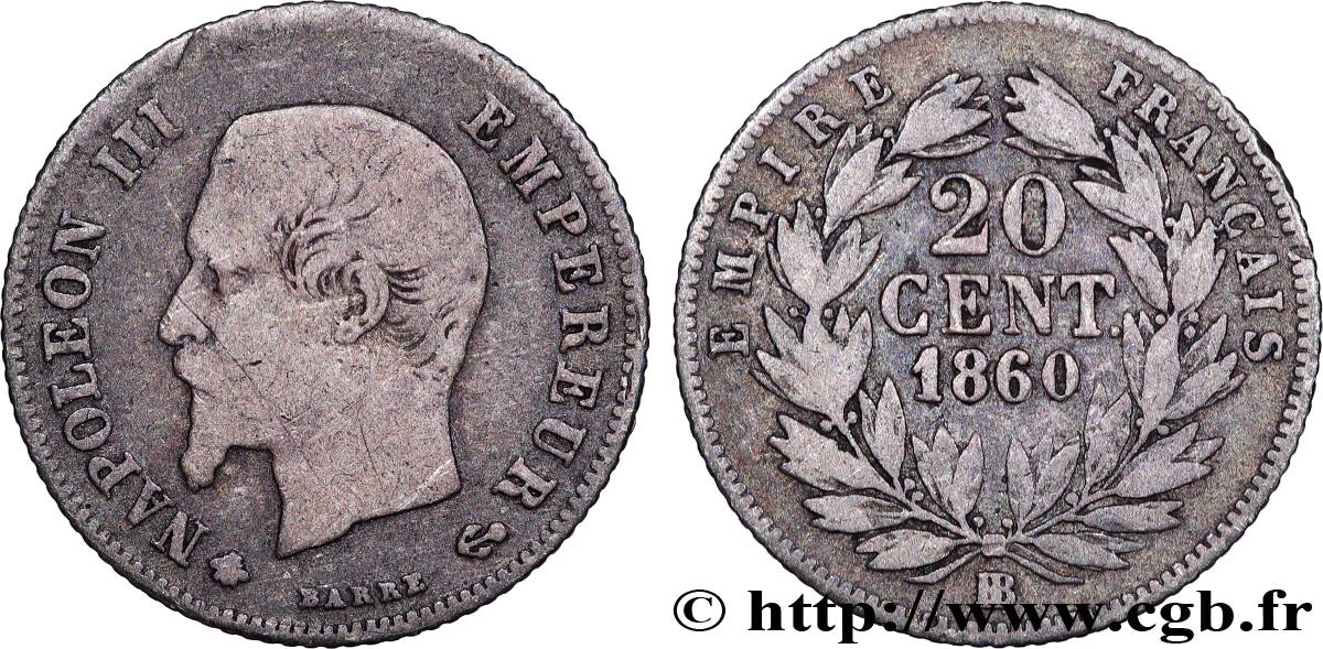 20 centimes Napoléon III, tête nue 1860 Strasbourg F.148/16 F 