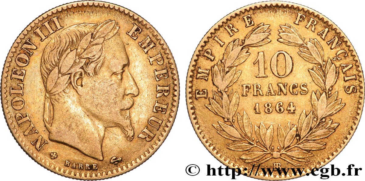 10 francs or Napoléon III, tête laurée 1864 Strasbourg F.507A/7 TB 