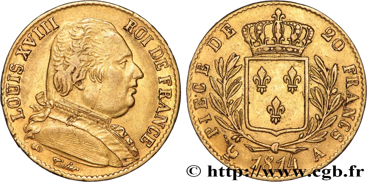 20 francs or Louis XVIII, buste habillé 1814 Paris F.517/1 XF 