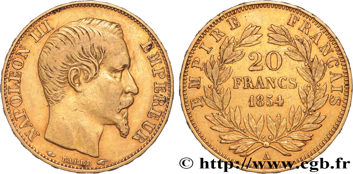 20 francs or Napoléon III, tête nue 1854 Paris F.531/2 XF 