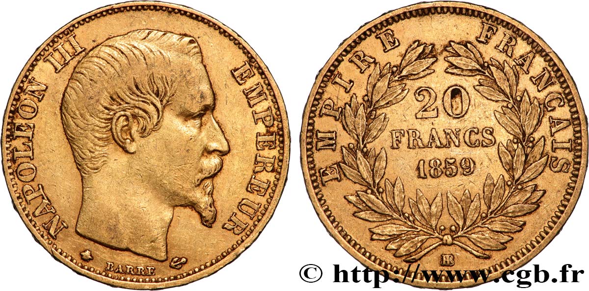 20 francs or Napoléon III, tête nue 1859 Strasbourg F.531/16 XF 