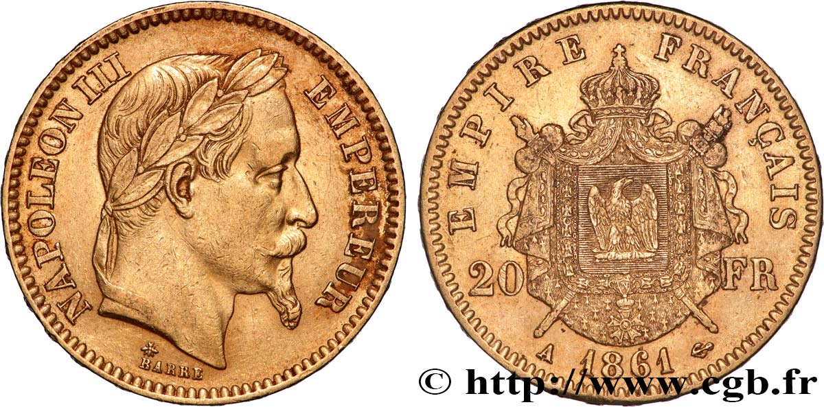 20 francs or Napoléon III, tête laurée 1861 Paris F.532/1 AU 