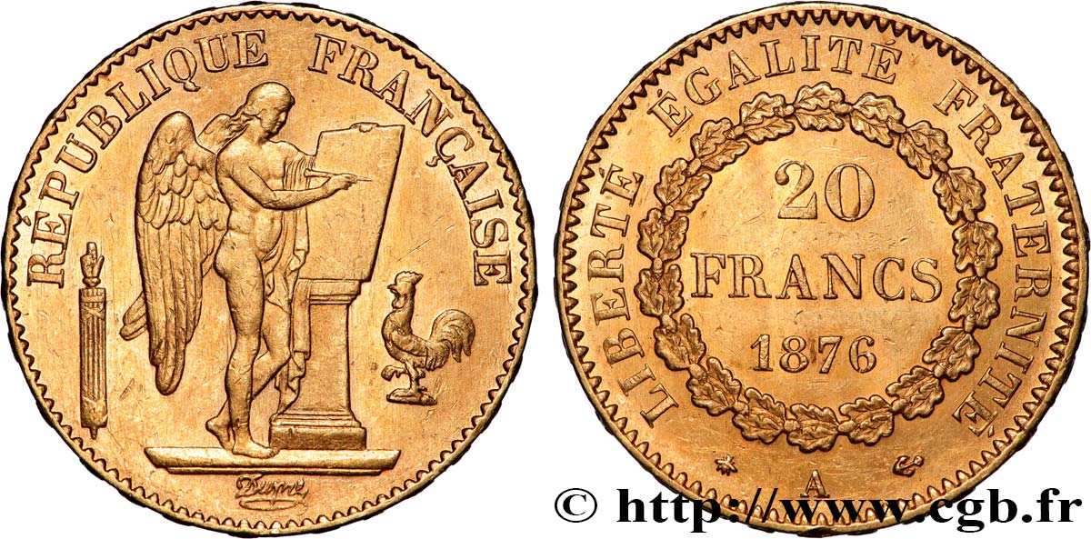 20 francs or Génie, Troisième République 1876 Paris F.533/4 MBC+ 