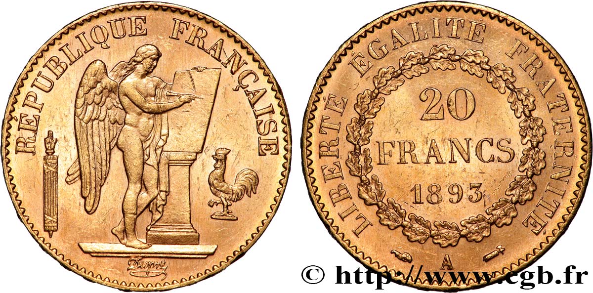 20 francs or Génie, Troisième République 1893 Paris F.533/17 SUP60 