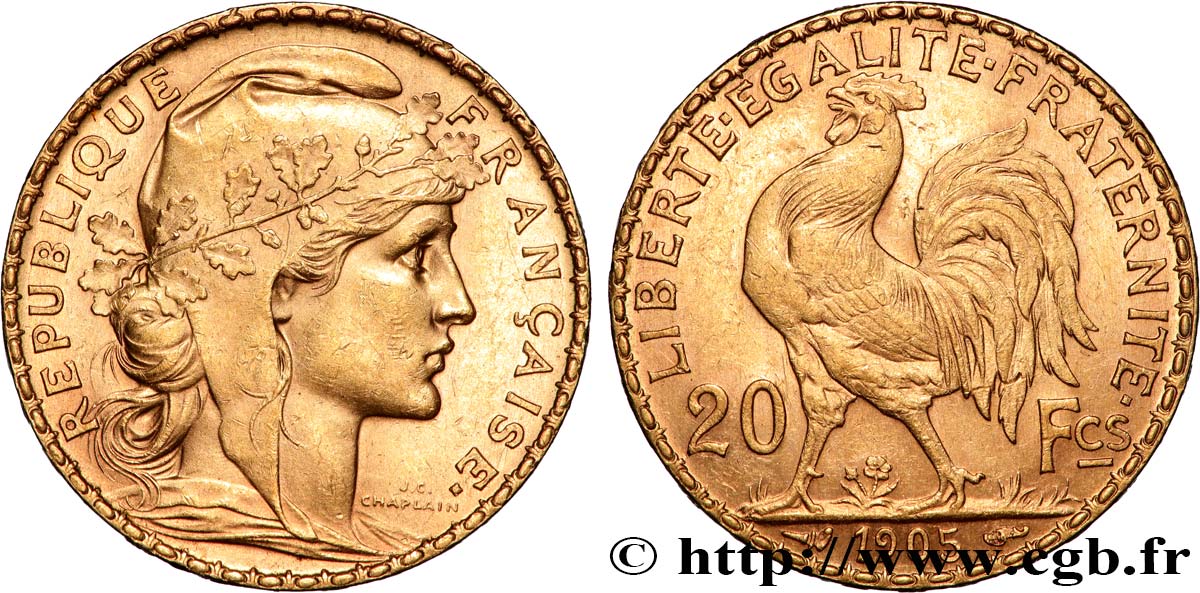 20 francs or Coq, Dieu protège la France 1905 Paris F.534/10 AU 