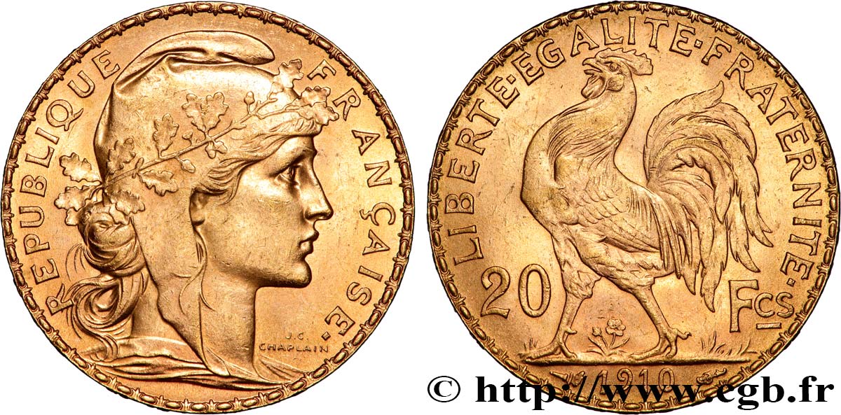 20 francs or Coq, Liberté Égalité Fraternité 1910 Paris F.535/4 SUP+ 