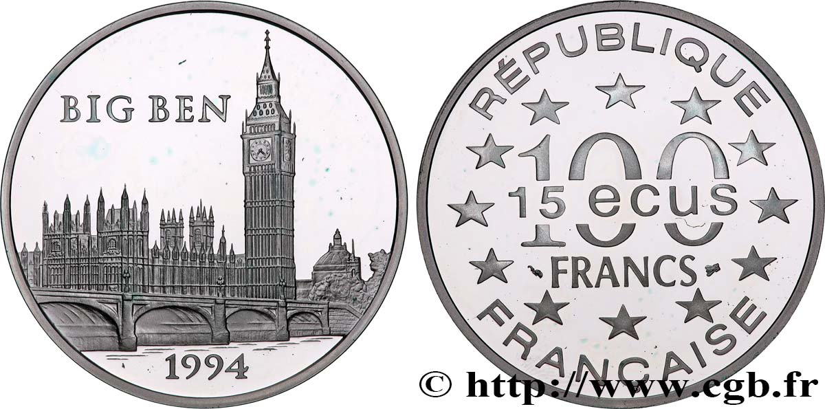 Belle Épreuve 15 écus / 100 francs - Big Ben (Londres) 1994 Paris F5.2007 1 SPL 