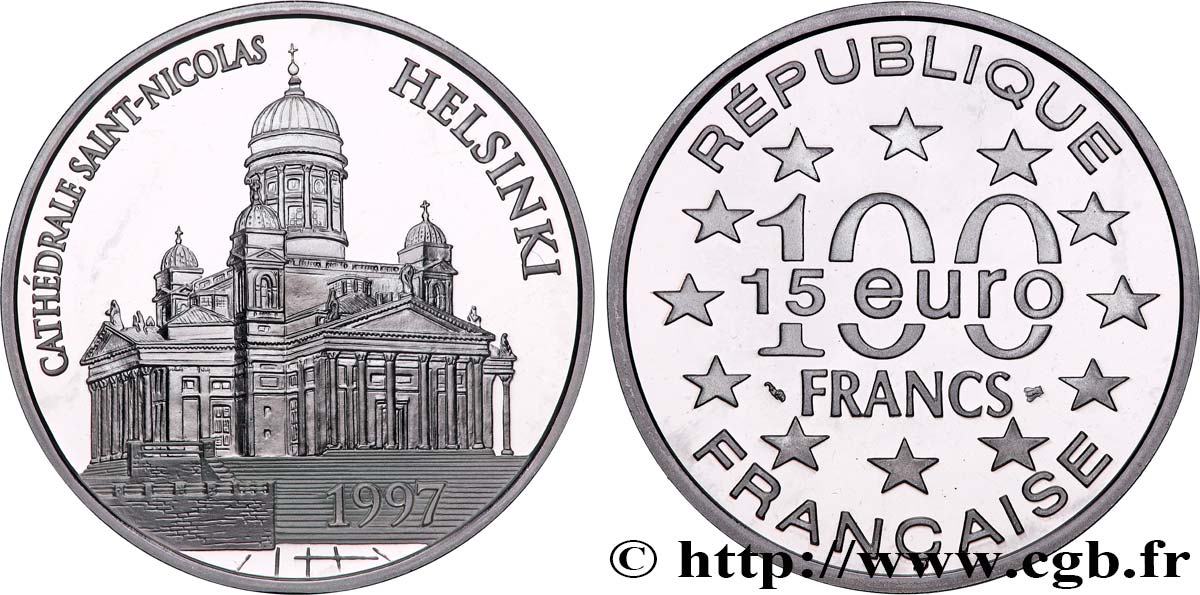 Belle Epreuve 15 euro / 100 francs - La Cathédrale Saint-Nicolas (Helsinki, Finlande) 1997  F5.2026 1 MS 