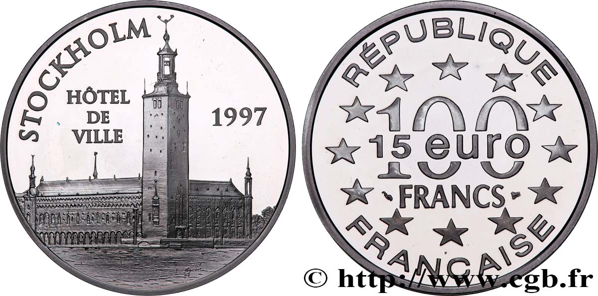 Belle Épreuve 15 euro / 100 francs - L’hôtel de Ville de Stockholm (Suède) 1997 Paris F.2028 1 MS 