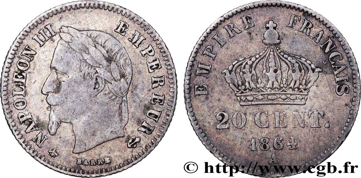 20 centimes Napoléon III, tête laurée, petit module 1864 Paris F.149/1 VF 