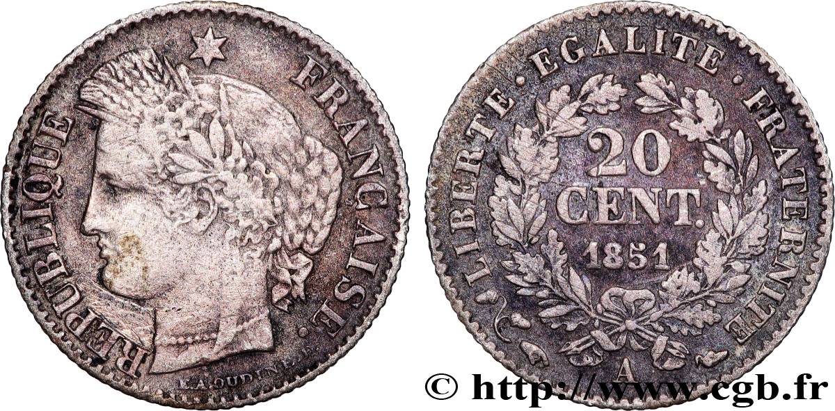 20 centimes Cérès, IIe République 1851 Paris F.146/7 VF 