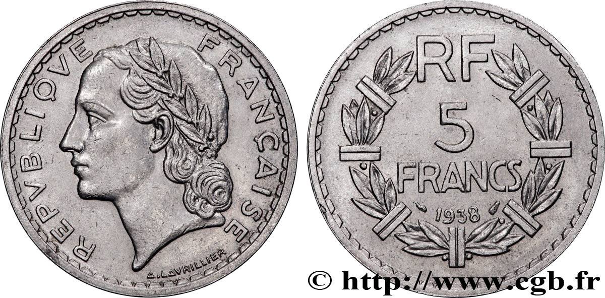 5 francs Lavrillier, nickel 1938  F.336/7 TTB 
