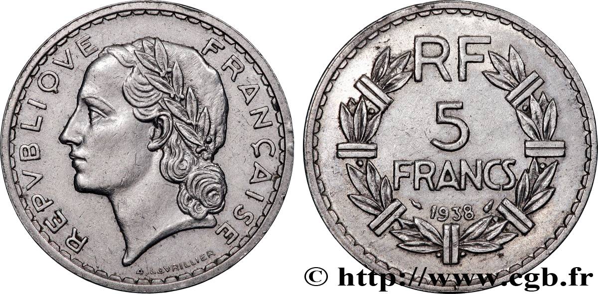 5 francs Lavrillier, nickel 1938  F.336/7 XF 