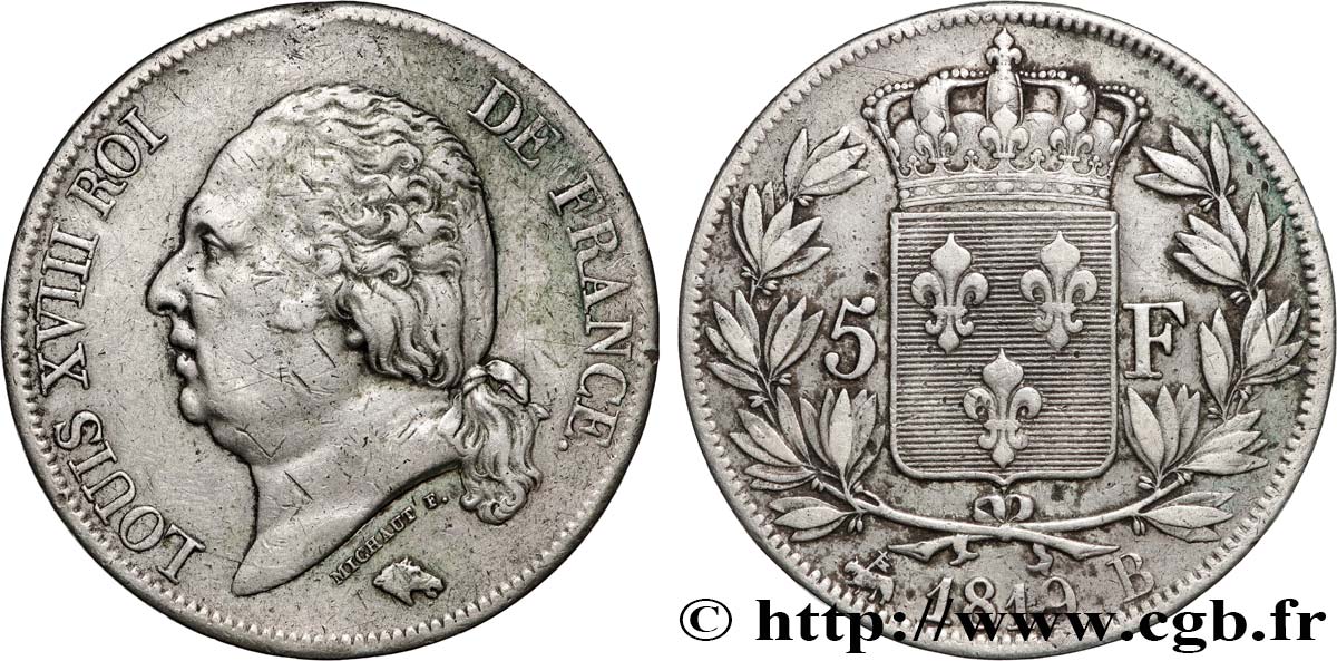 5 francs Louis XVIII, tête nue 1819 Rouen F.309/41 VF 