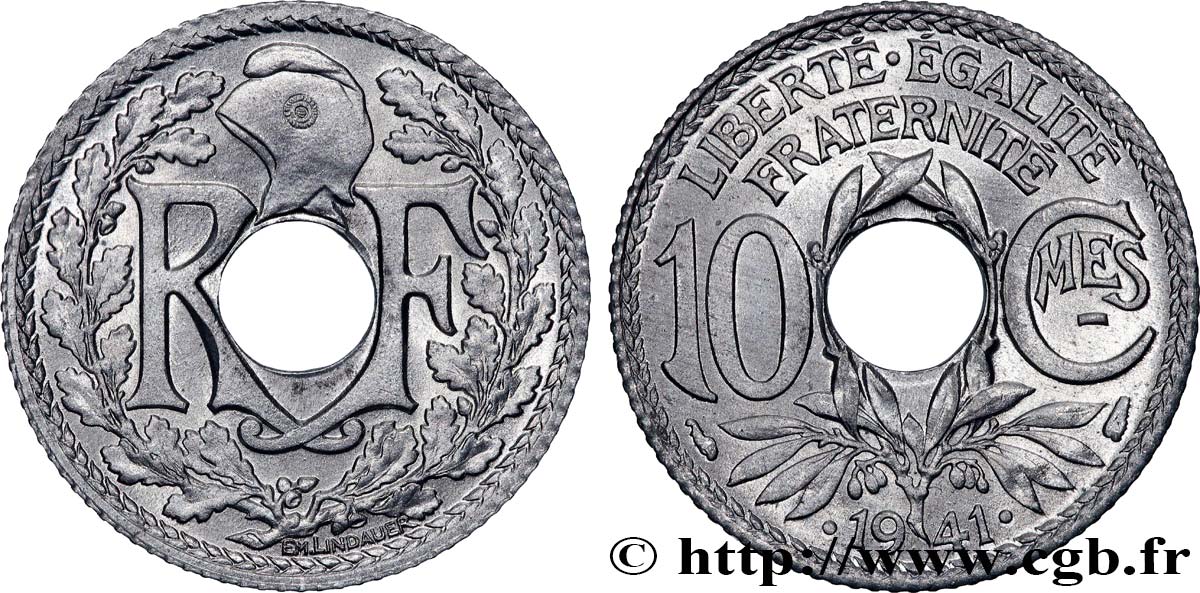 10 centimes Lindauer en zinc, Cmes souligné et millésime avec points 1941  F.140/2 MS66 