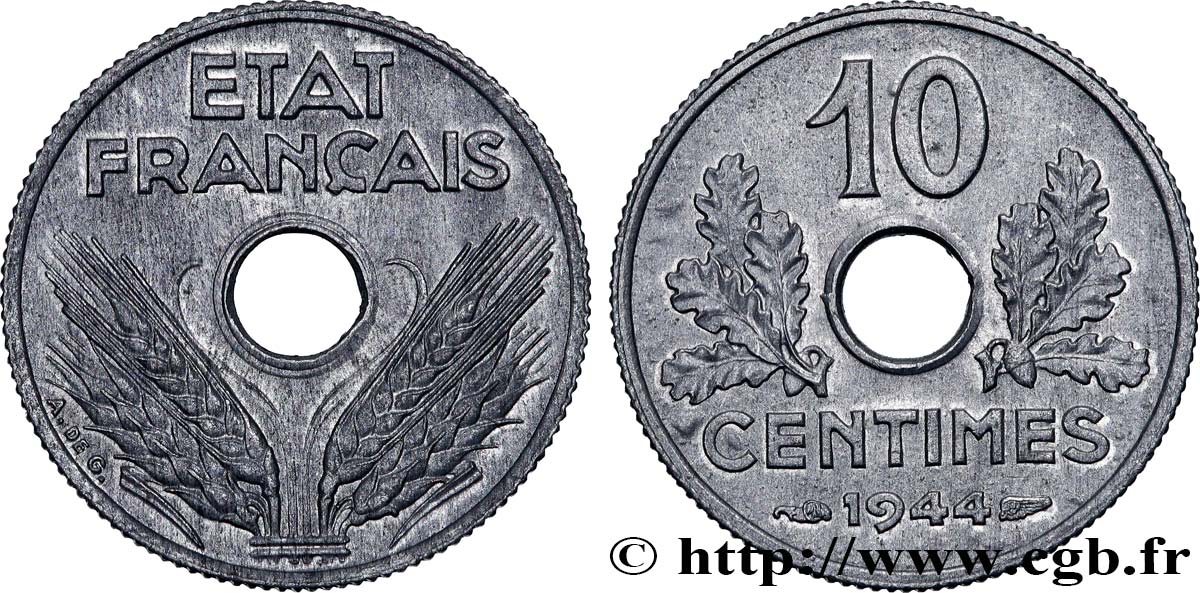 10 centimes État français, petit module 1944  F.142/3 SPL63 