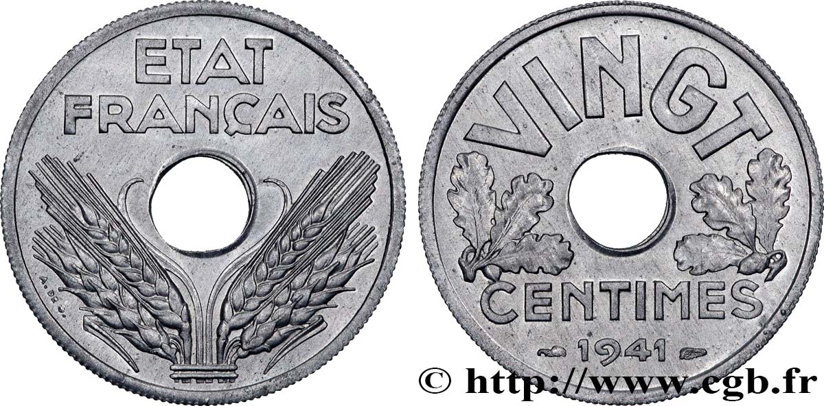 VINGT centimes État français 1941  F.152/2 SPL64 