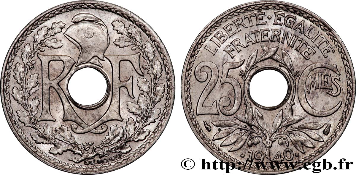 25 centimes Lindauer, maillechort 1940  F.172/4 MS65 