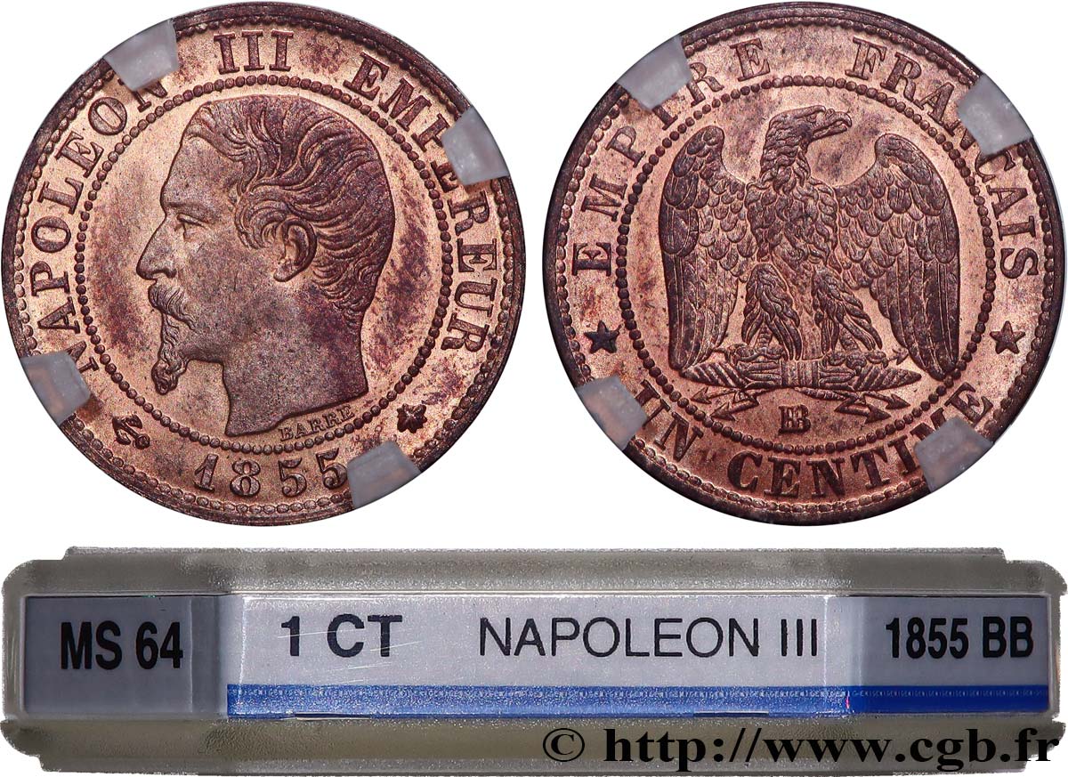 Un centime Napoléon III, tête nue 1855 Strasbourg F.102/18 MS64 GENI