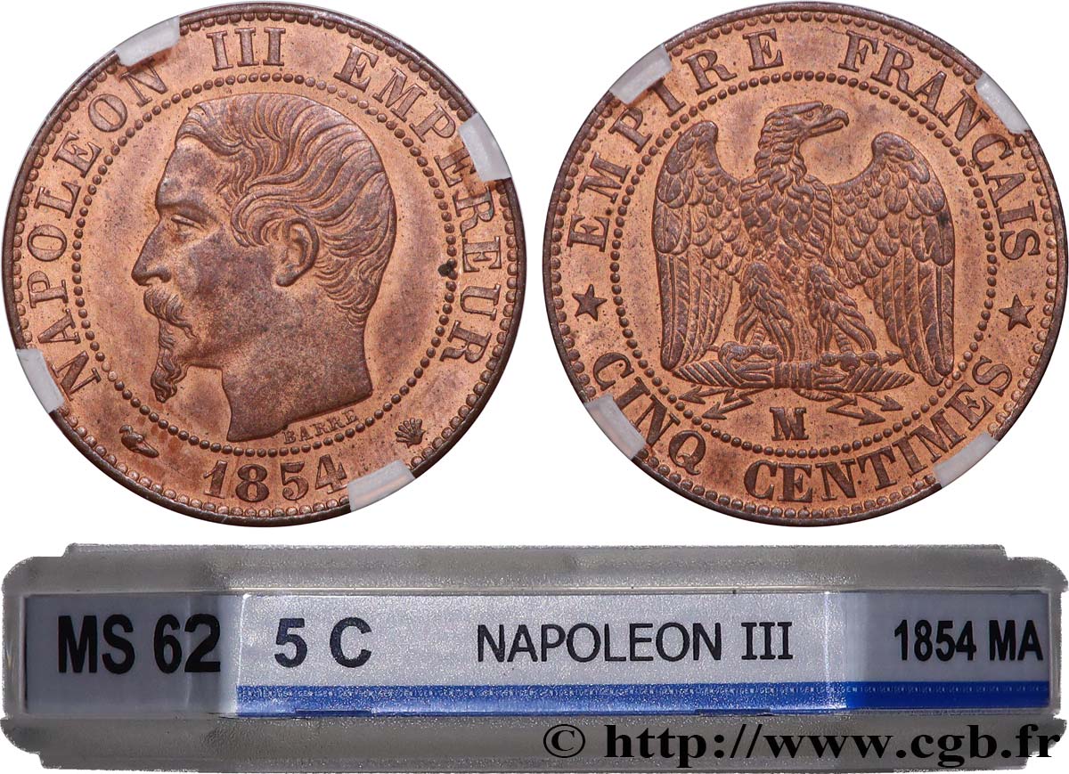 Cinq centimes Napoléon III, tête nue 1854 Marseille F.116/14 SPL62 GENI