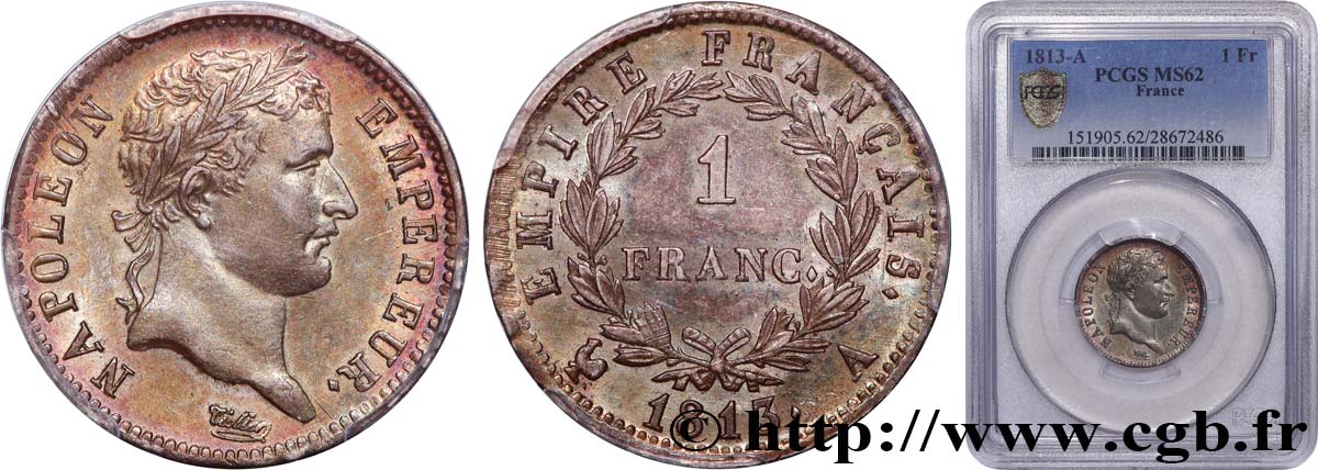 1 franc Napoléon Ier tête laurée, Empire français 1813 Paris F.205/58 VZ62 PCGS