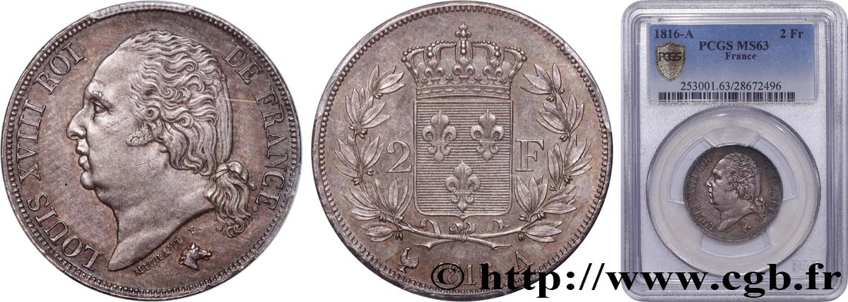 2 francs Louis XVIII 1816 Paris F.257/1 MS63 PCGS