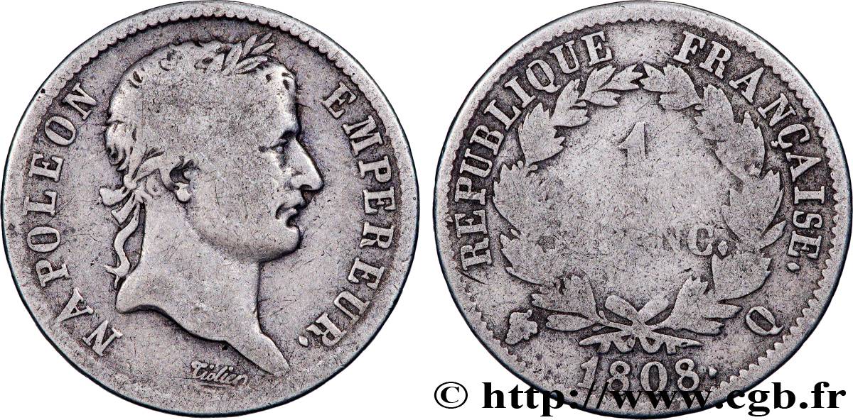 1 franc Napoléon Ier tête laurée, République française 1808 Perpignan F.204/12 B 