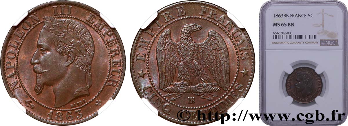 Cinq centimes Napoléon III, tête laurée 1863 Strasbourg F.117/11 MS65 NGC