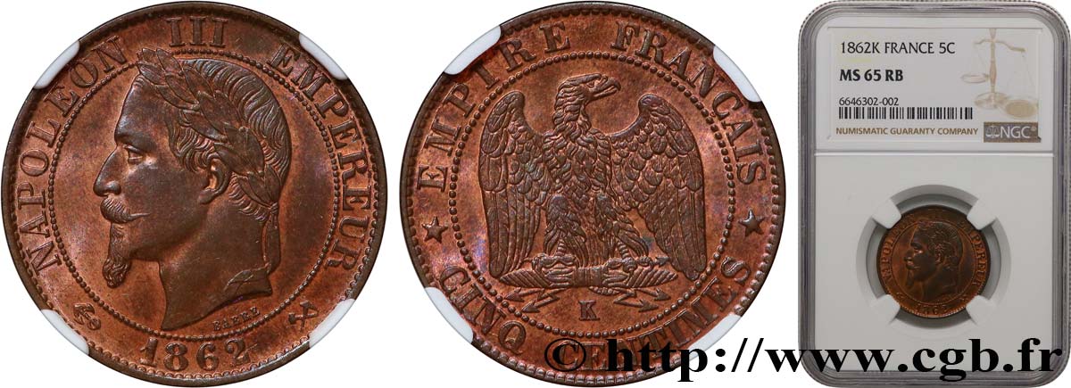 Cinq centimes Napoléon III, tête laurée 1862 Bordeaux F.117/9 MS65 NGC