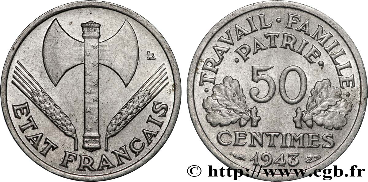 50 centimes Francisque, légère 1943  F.196/2 SUP 