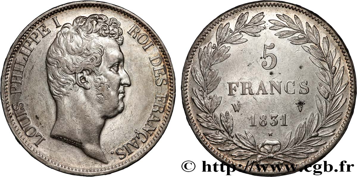 5 francs type Tiolier avec le I, tranche en relief 1831 Lille F.316/4 AU 