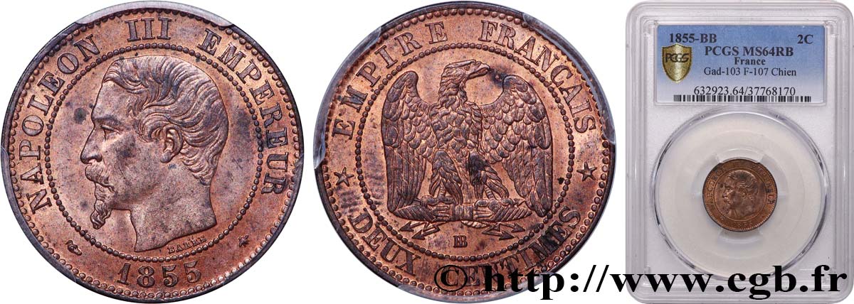 Deux centimes Napoléon III, tête nue 1855 Strasbourg F.107/23 MS64 PCGS