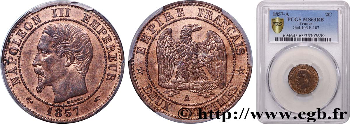 Deux centimes Napoléon III, tête nue 1857 Paris F.107/44 MS63 PCGS