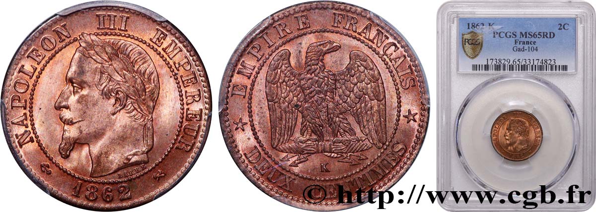 Deux centimes Napoléon III, tête laurée 1862 Bordeaux F.108A/7 MS65 PCGS