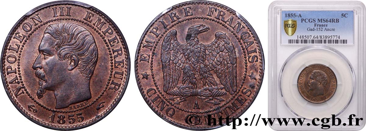 Cinq centimes Napoléon III, tête nue 1855 Paris F.116/17 MS64 PCGS